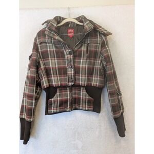 Therapy Plaid Bomber Jacket Women's XL Brown Wool Blend Y2K Cropped